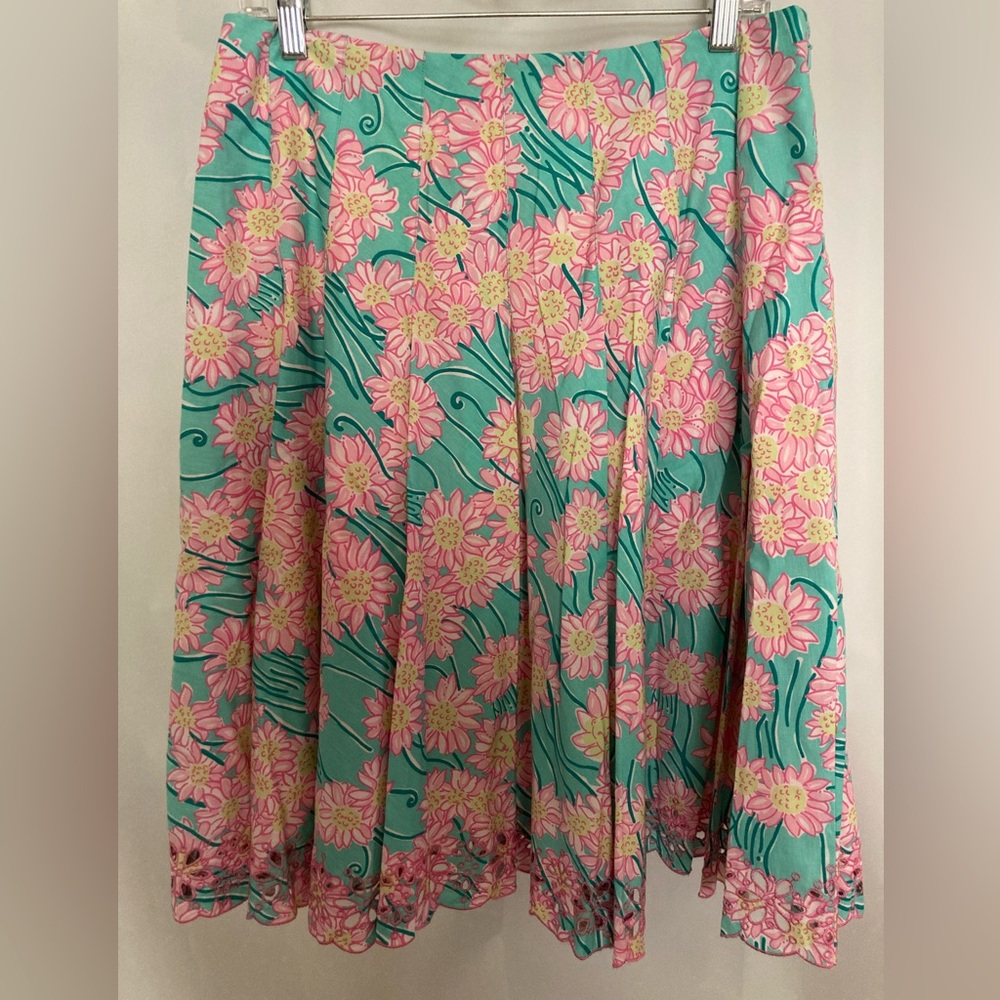 VTG Lilly Pulitzer Dandy Lion floral scalloped eyelet hem skirt Pink/Teal sz 12